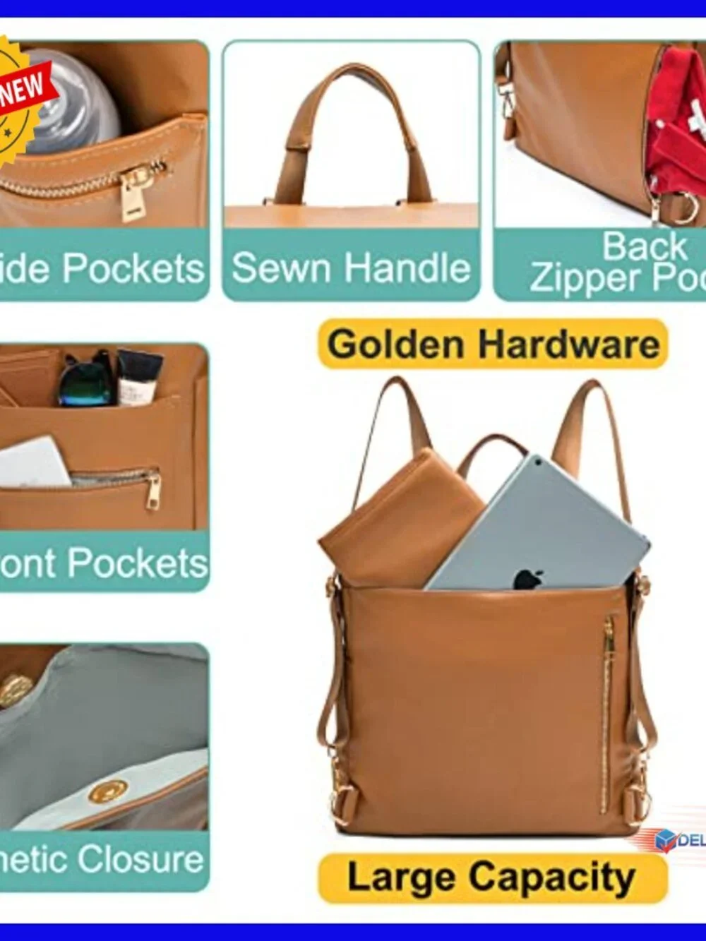 Large Leather Diaper Backpack with Laptop Sleeve & Changing Pad